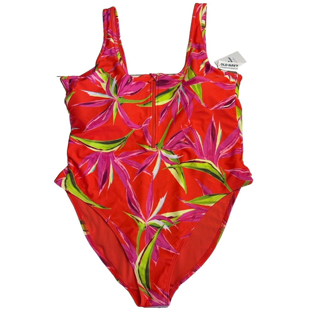 Old Navy Swimsuit 2X Orange Tropical Half Zip One Piece UPF Shelf Bra 1PC NWT!!!
